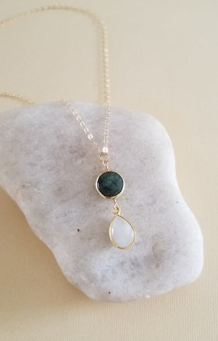 Emerald and Moonstone Pendant Necklace, Dainty Gold Chain Necklace