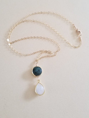 Gold Emerald and Moonstone Necklace, Gemstone Pendant Necklace, Gift for Her