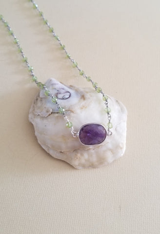Handmade Peridot and Amethyst Necklace, Boho Beaded Stone Necklace for Women