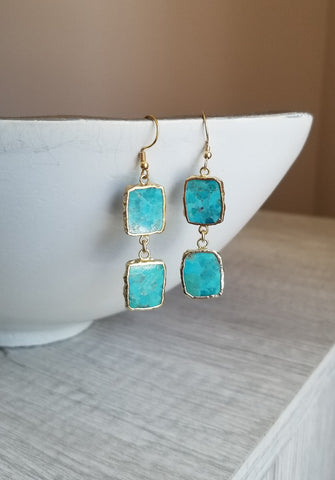 Turquoise Earrings, Gold Turquoise Dangle Earrings, Handmade Turquoise Drop Earrings, Boho Stone Earrings, Gift for Her, Turquoise Jewelry