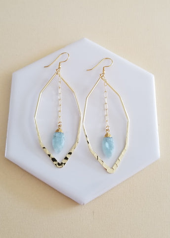 Gold Aquamarine Marquise Earrings, Gold Hoops, Gemstone Earrings, Statement Earrings, Gemstone Drop Earrings, Handmade Earrings, Gift for Her