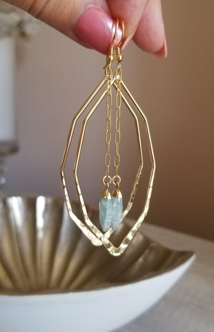 Gold Gemstone Marquise Hoop Earrings, Boho Stone Earrings
