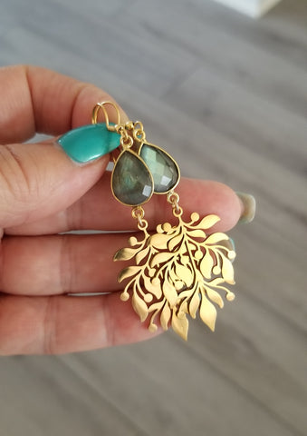 Gold Leaf Labradorite Dangle Earrings, Gold or Silver
