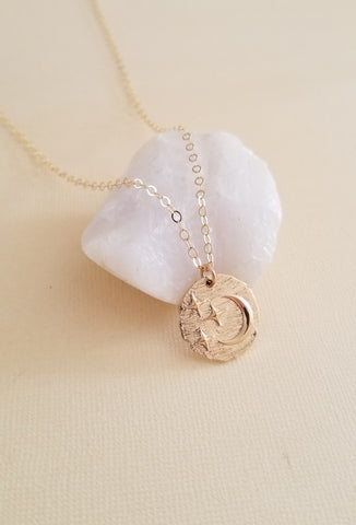Gold Coin Necklace, Moon and Stars Pendant Necklace, Night Sky Necklace for Women