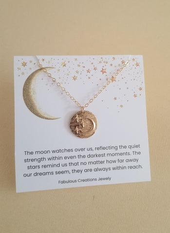 Gold Coin Necklace, Moon and Stars Pendant Necklace, Night Sky Necklace for Women