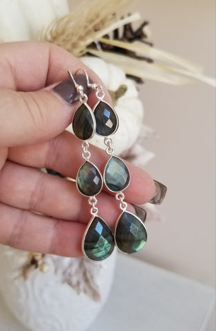 Raw Labradorite Teardrop Earrings, Gemstone Statement Earrings