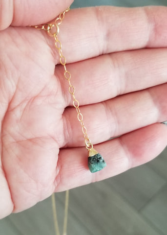 Raw Emerald Y Style Necklace, Center Drop Necklace, May Birthstone