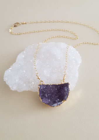 Amethyst Druzy Half Moon Necklace