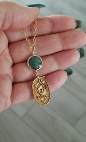 Gold Snake and Emerald Pendant Necklace, Talisman Jewelry