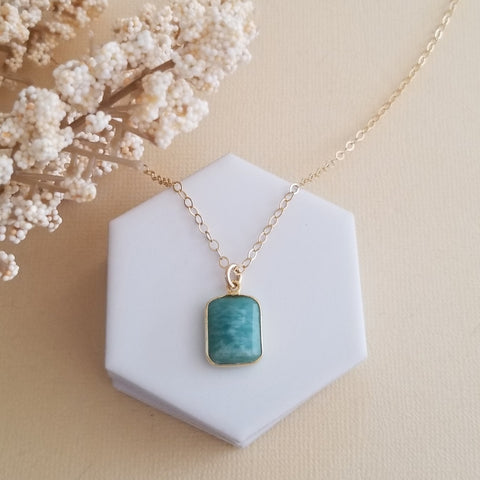 Dainty Amazonite Necklace, Skinny Gold Chain Necklace with Small Gemstone Pendant