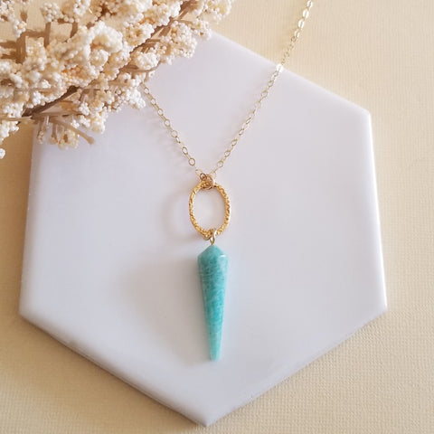 Amazonite Necklace, Gold Amazonite Pendulum Necklace, Boho Stone Necklace, Long Gemstone Pendant Necklace, Amazonite or Fluorite