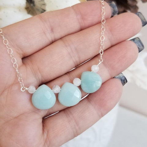 Amazonite Teardrop and Moonstone Necklace, Gold or Silver