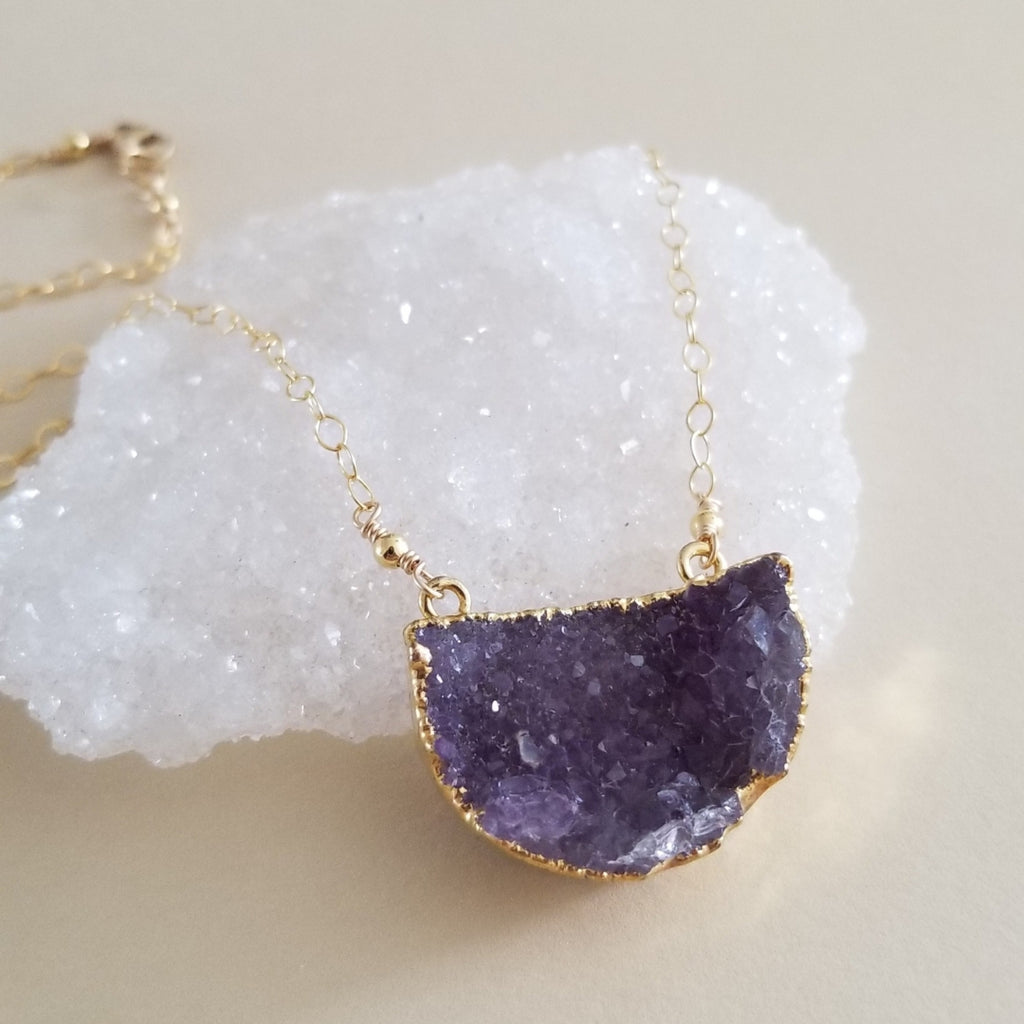 Amethyst Druzy Half Moon Necklace
