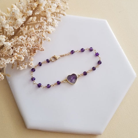 Amethyst Heart Bracelet, Dainty Gold Amethyst Heart Bracelet, Boho Beaded Bracelet
