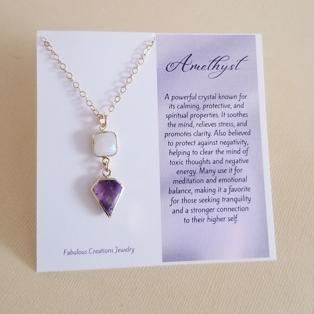 Gold Amethyst and Moonstone Pendant Necklace, February Stone, Gift for Her