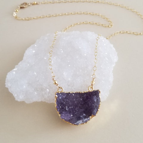 Amethyst Druzy Half Moon Necklace