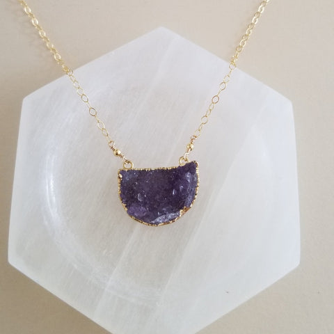 Amethyst Druzy Half Moon Necklace