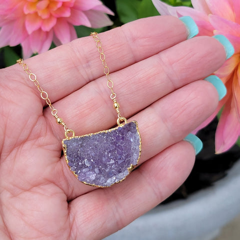 Amethyst Druzy Half Moon Necklace
