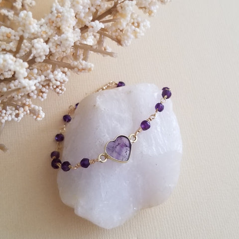 Heart Bracelet, Amethyst Bracelet, Dainty Gemstone Heart Bracelet, Gift for Her, Amethyst Beaded Bracelet, Heart Jewelry, Stacking Bracelet