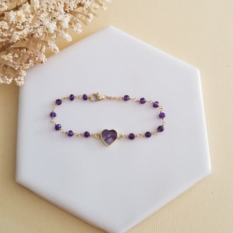 Heart Bracelet, Amethyst Bracelet, Dainty Gemstone Heart Bracelet, Gift for Her, Amethyst Beaded Bracelet, Heart Jewelry, Stacking Bracelet