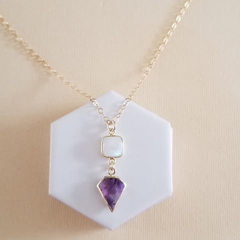 Amethyst Necklace, Moonstone and Amethyst Pendant Necklace, Dainty Gold Chain Necklace, February Birthstone Jewelry, Bridesmaid Gift Idea