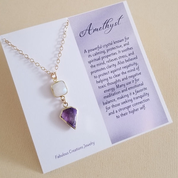 Gold Amethyst and Moonstone Pendant Necklace, February Stone, Gift for Her