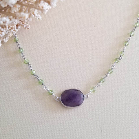 Peridot and Amethyst Necklace, Beaded Boho Chain Necklace, Peridot Jewelry, Layering Necklace, Boho Gemstone Necklace, Amethyst Jewelry