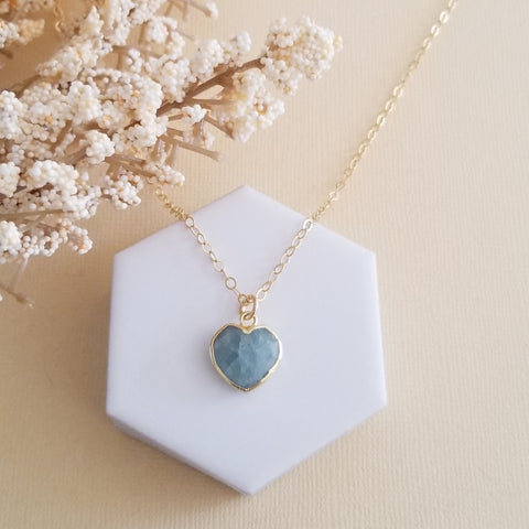 Dainty Gold Aquamarine Heart Pendant Necklace