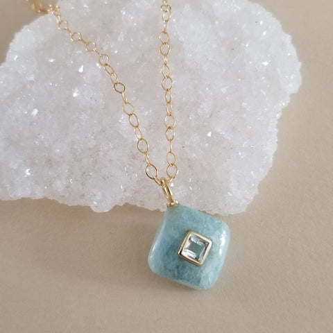 Aquamarine and White Topaz Pendant Necklace, Thin Gold Chain