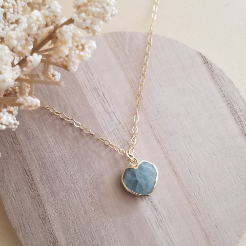 Dainty Gold Aquamarine Heart Pendant Necklace