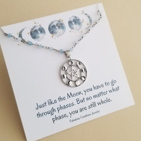 Handmade aquamarine beaded necklace with celestial moon phases pendant, boho chic jewelry for everyday or special occasions. Jewelry gift for women.