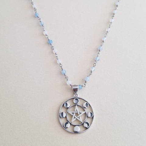Handmade aquamarine beaded necklace with celestial moon phases pendant, boho chic jewelry for everyday or special occasions