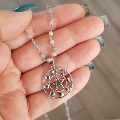 Beaded Aquamarine Necklace with Silver Moon Phases Pendant