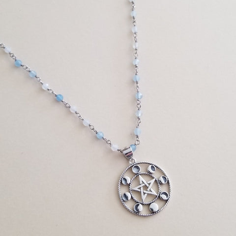 Handmade aquamarine beaded necklace with celestial moon phases pendant, boho chic jewelry for everyday or special occasions