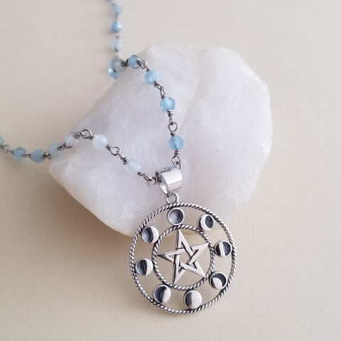 Handmade aquamarine beaded necklace with celestial sterling silver moon phases pendant, boho chic jewelry for everyday or special occasions