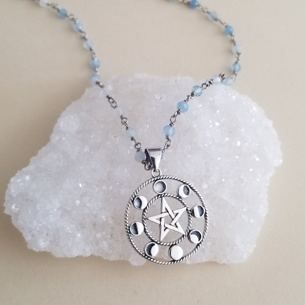 Handmade aquamarine beaded necklace with celestial moon phases pendant, boho chic jewelry for everyday or special occasions