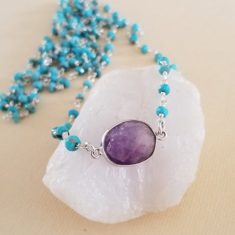 Turquoise and Amethyst Beaded Necklace, Boho Stone Necklace for Women