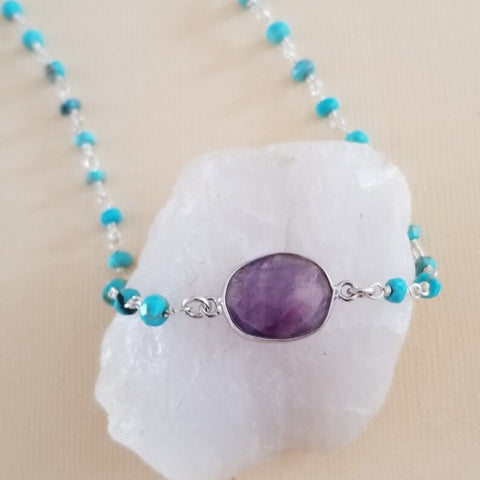 Boho Beaded Turquoise Necklace, Turquoise and Amethyst Necklace for Women, Handmade Gemstone Necklace