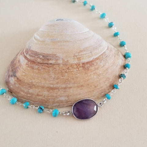 Turquoise and Amethyst Necklace, Beaded Boho Chain Necklace, Turquoise Jewelry, Layering Necklace, Bohemian Stone Necklace, Amethyst Jewelry