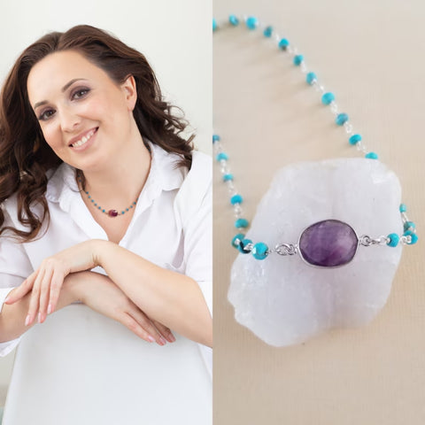 Handmade Turquoise and Amethyst Beaded Necklace, Boho Stone Necklace for Women