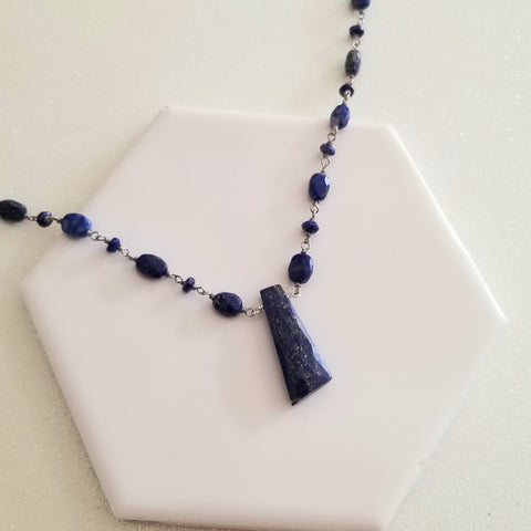 Natural Lapis Lazuli Necklace, Lapis Lazuli Pendant Necklace, Blue Gemstone Beaded Necklace, Boho Stone Necklace, Statement Necklace