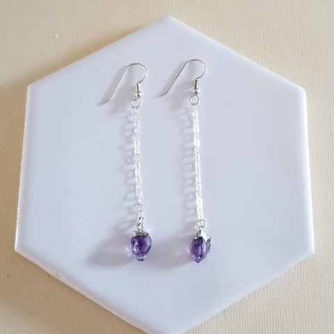 Birthstone Earrings, Raw Gemstone Earrings, Dainty Stone Chain Earrings