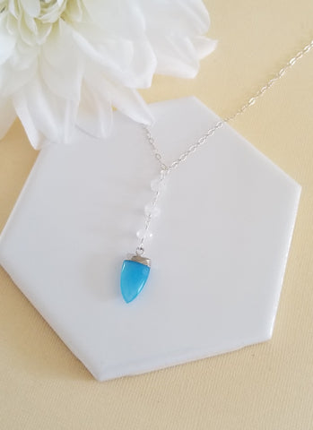 Blue Chalcedony and Rainbow Moonstone Y Necklace, Long Pendant Necklace, Boho Stone Necklace, Gemstone Pendant Necklace for Women, Gift for Her