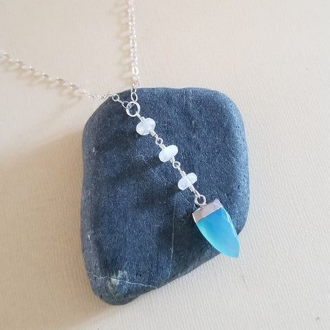 Blue Chalcedony and Moonstone Y Necklace, Long Center Drop Pendant Necklace