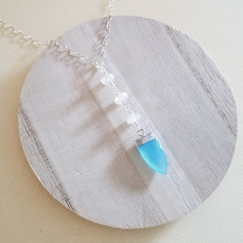 Blue Chalcedony and Moonstone Y Necklace, Long Center Drop Pendant Necklace, Boho Gemstone Necklace, Gift for Her