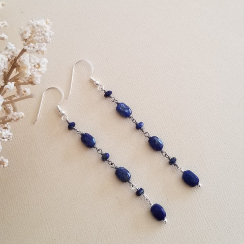Lapis Lazuli Earrings, Handmade Long Gemstone Chain Earrings, Gift for Her, Light Weight Blue Stone Earrings, Lapis Lazuli Dangle Earrings