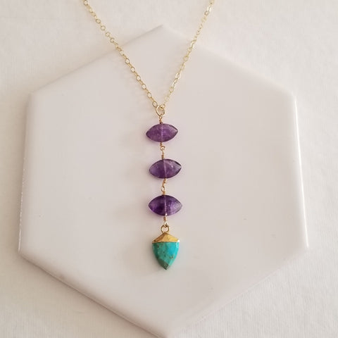 Amethyst and Turquoise Center Drop Necklace, Long Gemstone Pendant Necklace, Bohemian Statement Necklace, Gift for Her