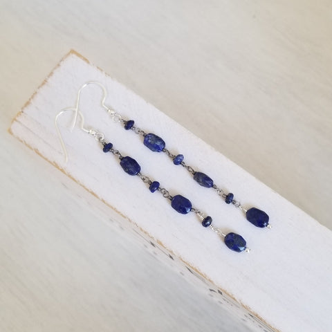 Lapis Lazuli Earrings, Long Gemstone Chain Earrings, Gift for Her, Light Weight Blue Stone Earrings, Boho Lapis Lazuli Dangle Earrings