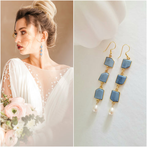 Long Blue Opal and Pearl Earrings, Handmade Statement Earrings for Women