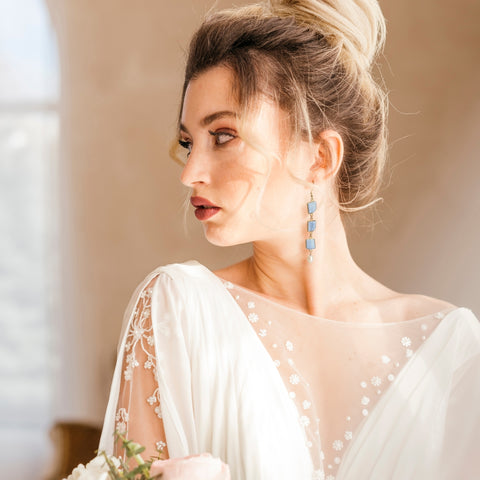 Bride Earrings, Long Blue Opal and Pearl Earrings for Brides, Wedding Day Jewelry, Handmade Gemstone Earrings, Statement Earrings